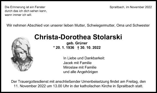 Traueranzeige von Christa-Dorothea Stolarski von Gmünder Tagespost