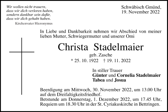Traueranzeige von Christa Stadelmaier von Gmünder Tagespost
