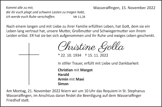 Traueranzeige von Christine Golla von Schwäbische Post
