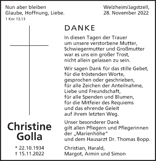 Traueranzeige von Christine Golla von Schwäbische Post