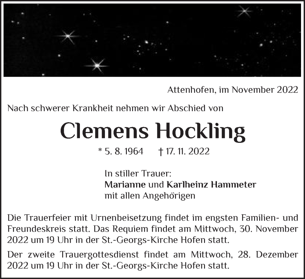  Traueranzeige für Clemens Hockling vom 23.11.2022 aus Schwäbische Post