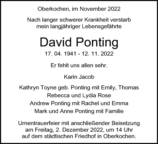 Traueranzeige von David Ponting von Schwäbische Post