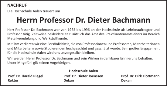 Traueranzeige von Dieter Bachmann von Schwäbische Post