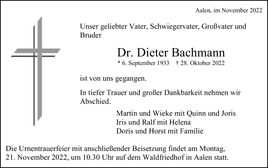 Traueranzeige von Dieter Bachmann von Schwäbische Post