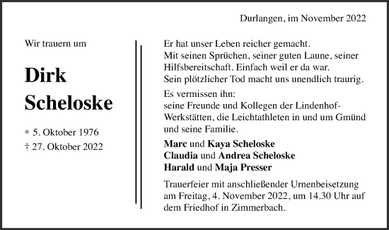 Traueranzeige von Dirk Scheloske von Gmünder Tagespost