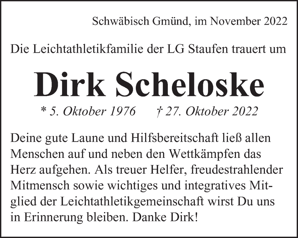 Traueranzeige für Dirk Scheloske vom 02.11.2022 aus Gmünder Tagespost