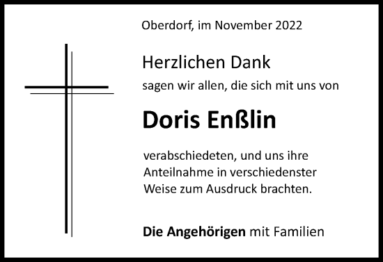 Traueranzeige von Doris Enßlin von Bopfinger Stadtanzeiger