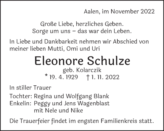 Traueranzeige von Eleonore Schulze von Schwäbische Post