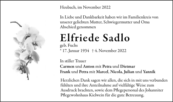Traueranzeige von Elfriede Sadlo von Gmünder Tagespost