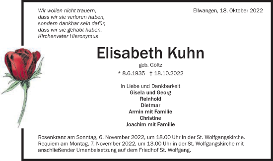 Traueranzeige von Elisabeth Kuhn von Schwäbische Post