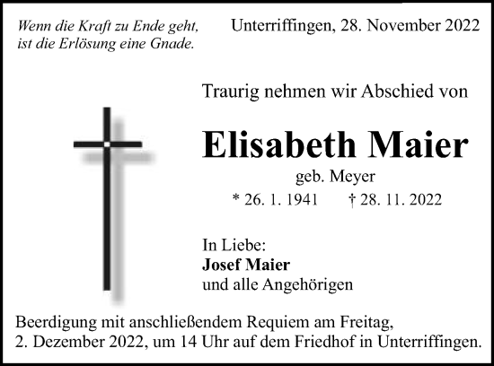 Traueranzeige von Elisabeth Maier von Schwäbische Post