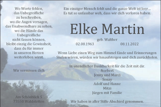 Traueranzeige von Elke Martin von Gmünder Tagespost
