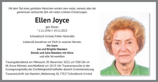 Traueranzeige von Ellen Joyce von Gmünder Tagespost