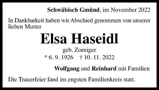 Traueranzeige von Elsa Haseidl