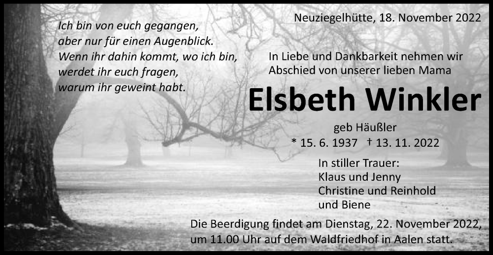  Traueranzeige für Elsbeth Winkler vom 18.11.2022 aus Schwäbische Post