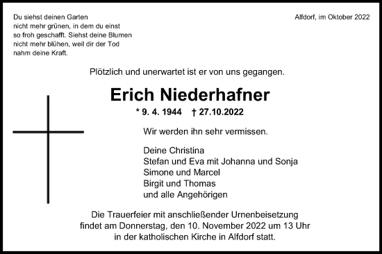 Traueranzeige von Erich Niederhafner von Gmünder Tagespost