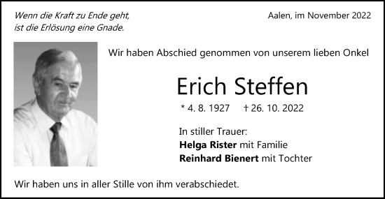 Traueranzeige von Erich Steffen von Schwäbische Post