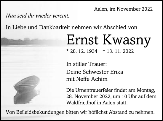 Traueranzeige von Ernst Kwasny von Schwäbische Post