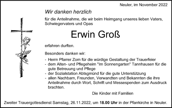 Traueranzeige von Erwin Groß von Schwäbische Post