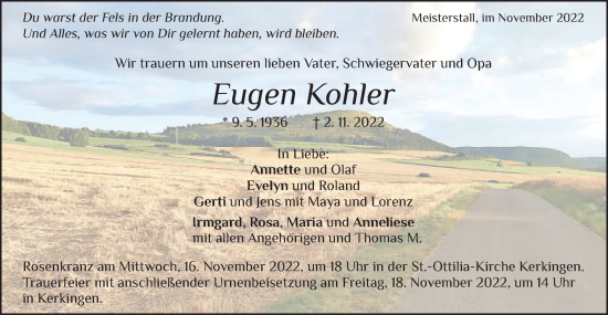 Traueranzeige von Eugen Kohler von Bopfinger Stadtanzeiger