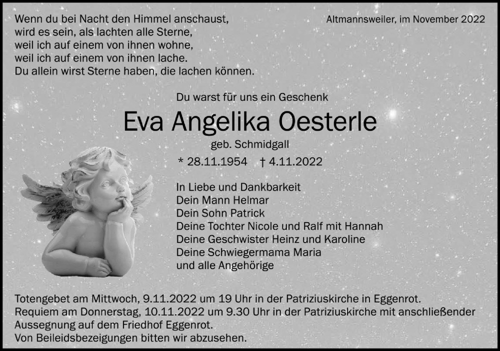  Traueranzeige für Eva Angelika Oesterle vom 09.11.2022 aus Schwäbische Post