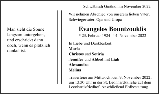 Traueranzeige von Evangelos Bountzouklis von Gmünder Tagespost