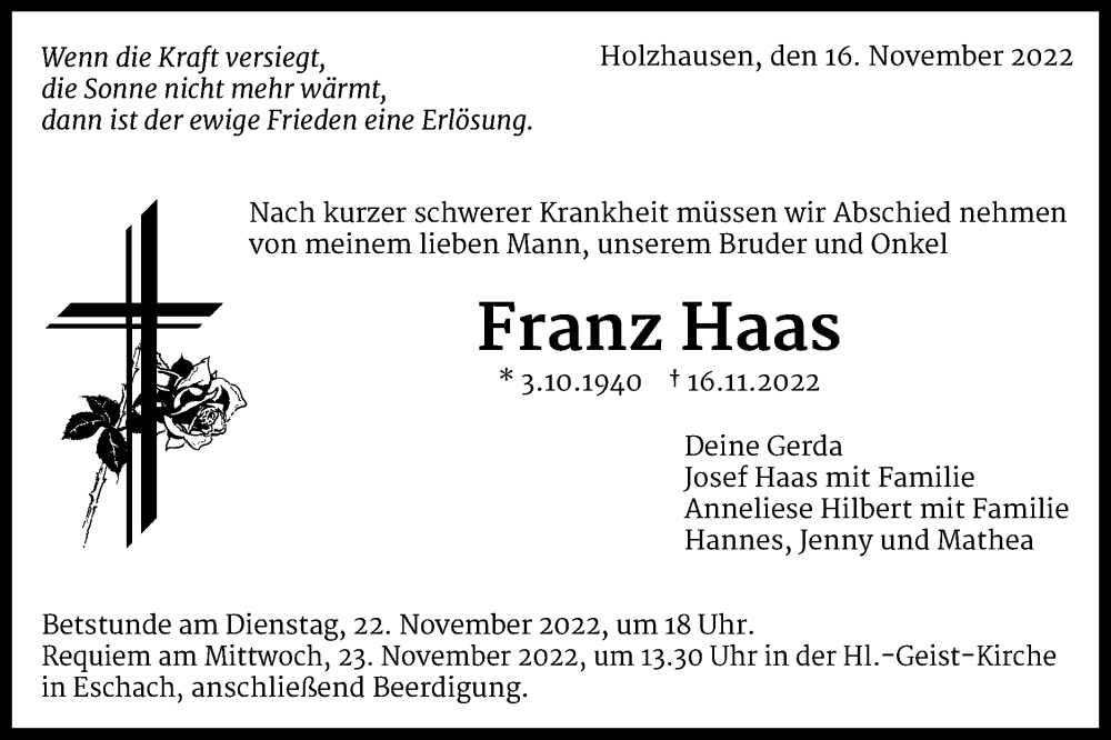  Traueranzeige für Franz Haas vom 19.11.2022 aus Gmünder Tagespost