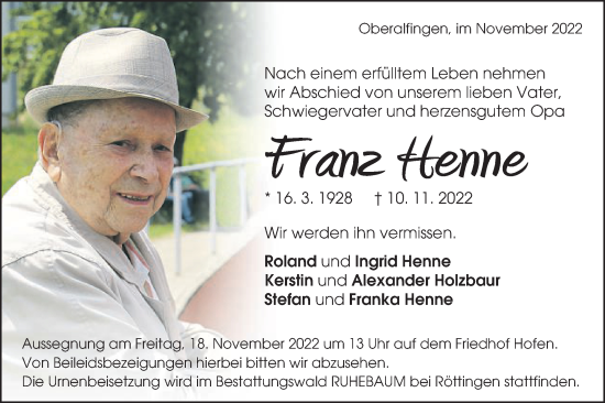Traueranzeige von Franz Henne von Schwäbische Post
