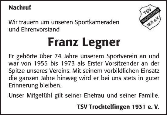 Traueranzeige von Franz Legner von Bopfinger Stadtanzeiger