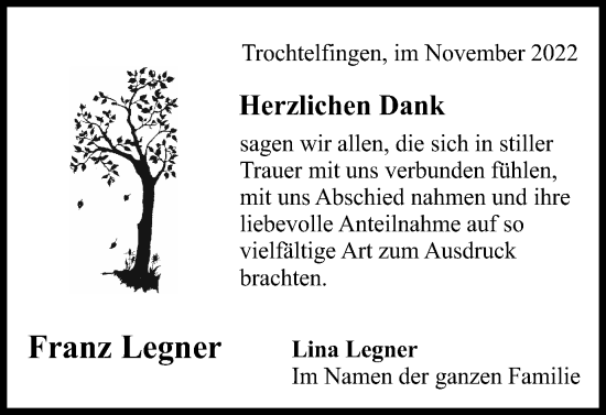 Traueranzeige von Franz Legner von Schwäbische Post