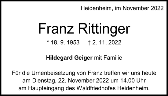 Traueranzeige von Franz Rittinger von Schwäbische Post