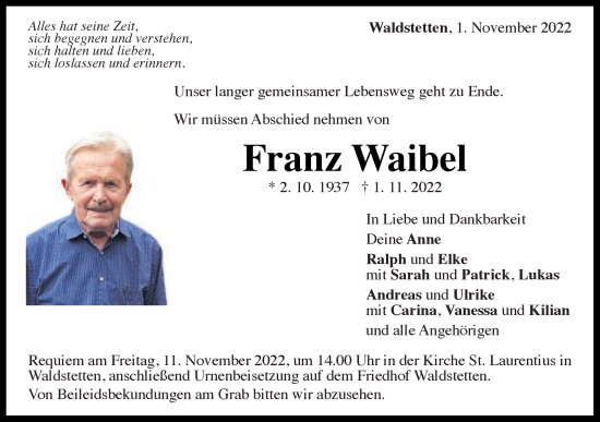 Traueranzeige von Franz Waibel von Gmünder Tagespost