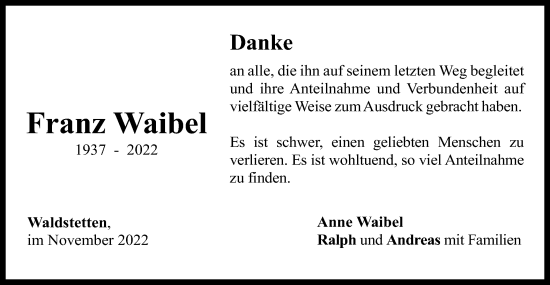 Traueranzeige von Franz Waibel von Gmünder Tagespost