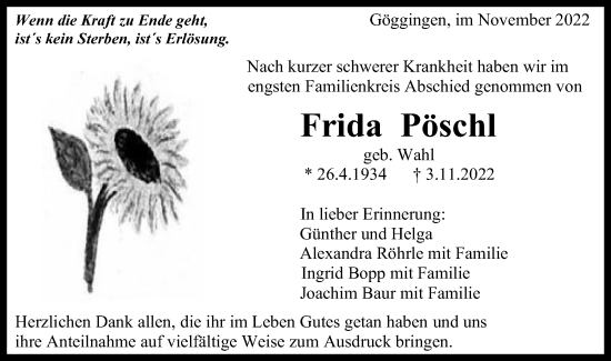 Traueranzeige von Frida Pöschl