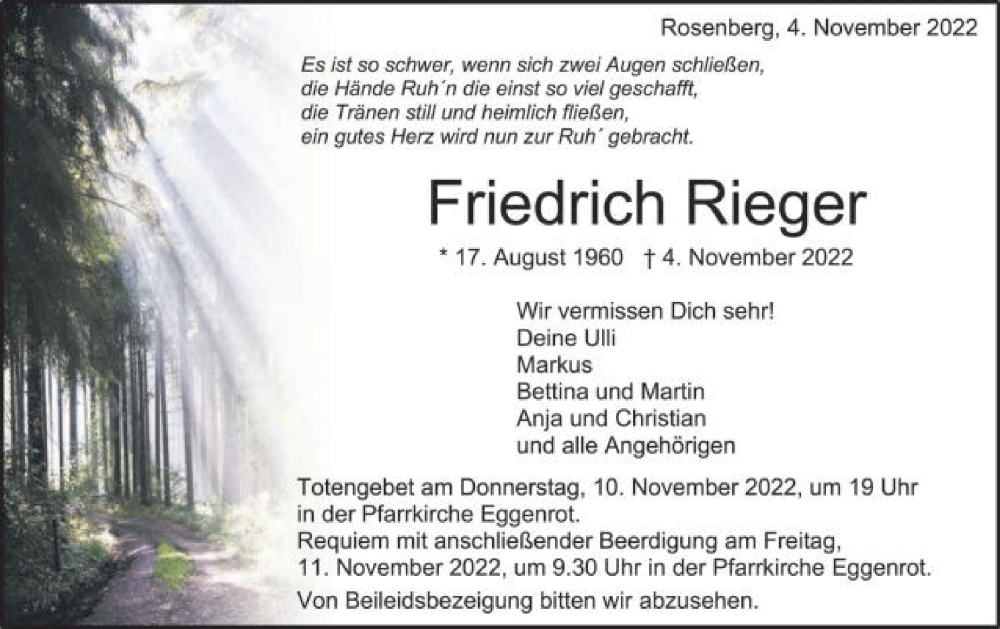  Traueranzeige für Friedrich Rieger vom 08.11.2022 aus Schwäbische Post