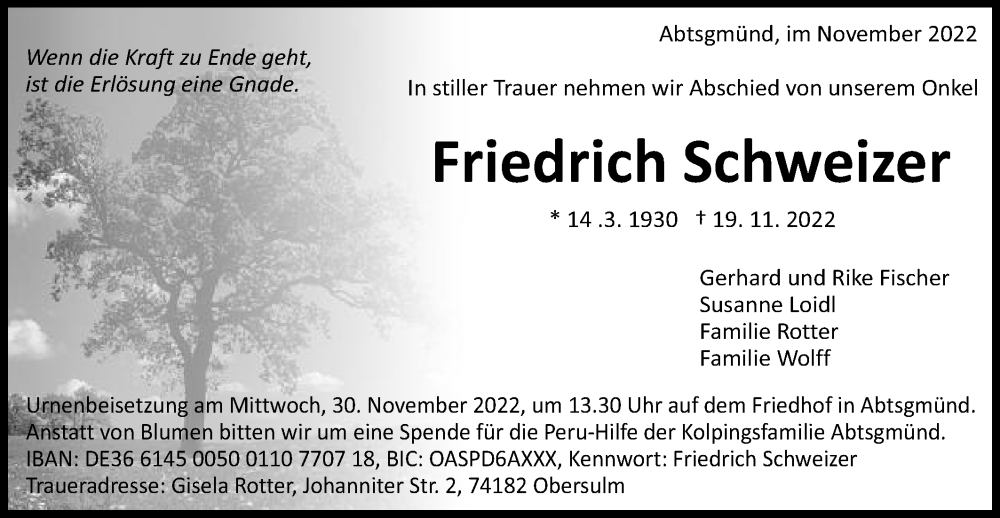  Traueranzeige für Friedrich Schweizer vom 25.11.2022 aus Kocher-Lein-Bote