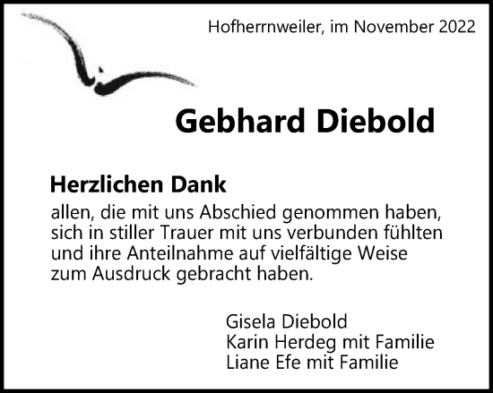 Traueranzeige von Gebhard Diebold von Schwäbische Post