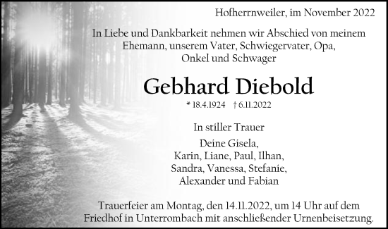 Traueranzeige von Gebhard Diebold von Schwäbische Post