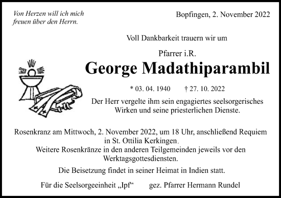 Traueranzeige von George Madathiparambil von Schwäbische Post