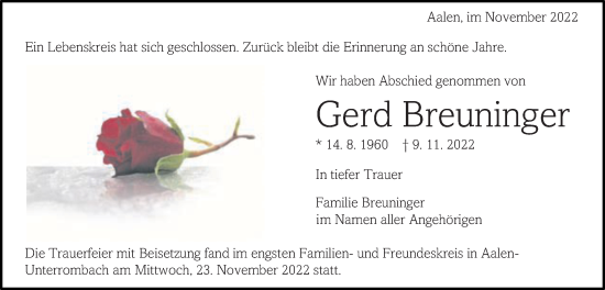 Traueranzeige von Gerd Breuninger von Schwäbische Post