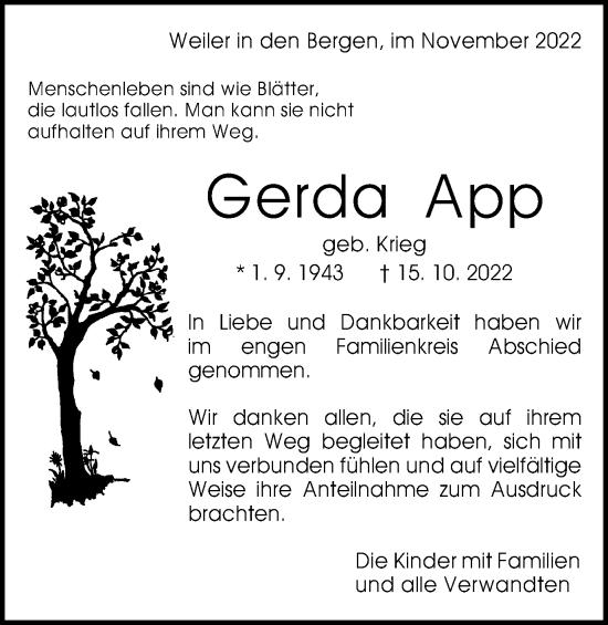 Traueranzeige von Gerda App von Gmünder Tagespost