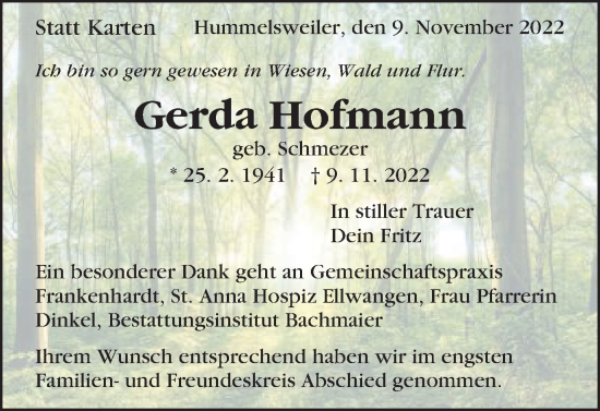 Traueranzeige von Gerda Hofmann von Schwäbische Post