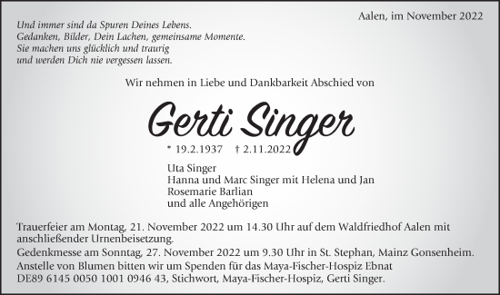 Traueranzeige von Gerti Singer von Schwäbische Post