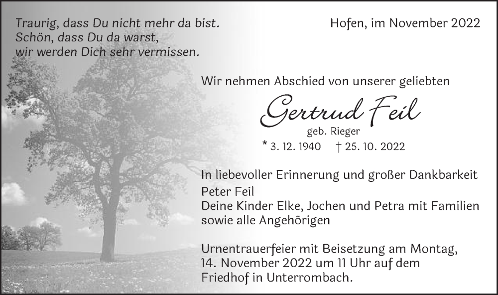  Traueranzeige für Gertrud Feil vom 08.11.2022 aus Schwäbische Post