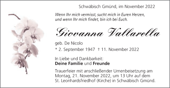 Traueranzeige von Giovanna Vallarella von Gmünder Tagespost