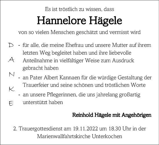 Traueranzeige von Hannelore Hägele von Schwäbische Post