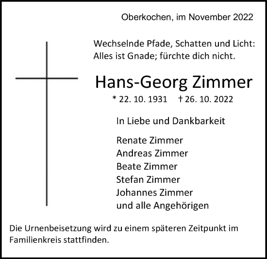 Traueranzeige von Hans-Georg Zimmer von Amtsblatt_Oko