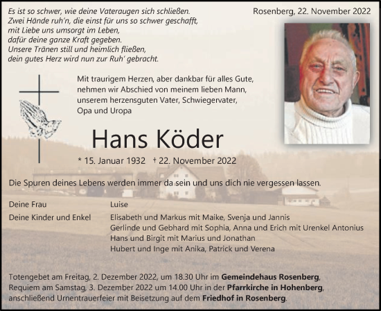 Traueranzeige von Hans Köder 