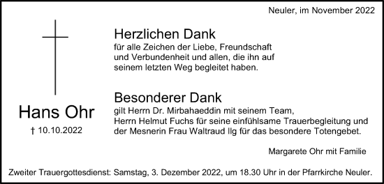 Traueranzeige von Hans Ohr  von Schwäbische Post