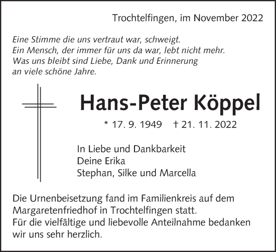 Traueranzeige von Hans-Peter Köppel von Schwäbische Post